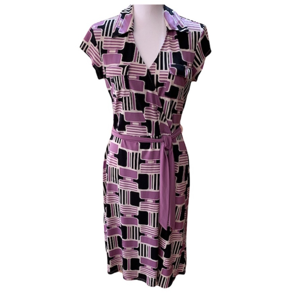 MIDI SHIRT DRESS V NECK CAP SLEEVES STRETCH FABRIC LAVENDER BLACK